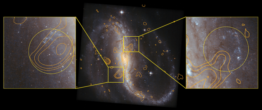 Hubble Space Telescope image of NGC 7479 with 20 cm radio continuum contours in yellow. The boxes highlight the ends of the lower and upper counter-arms; expanded versions of these regions are shown in the left and right panels where the circles depict the aperture of SOFIA’s FIFI-LS instrument.