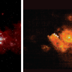 FORCAST image of the galactic center next to the same area showingi onized carbon intensity contours of the Sagittarius B region