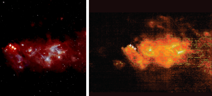 FORCAST image of the galactic center next to the same area showingi onized carbon intensity contours of the Sagittarius B region