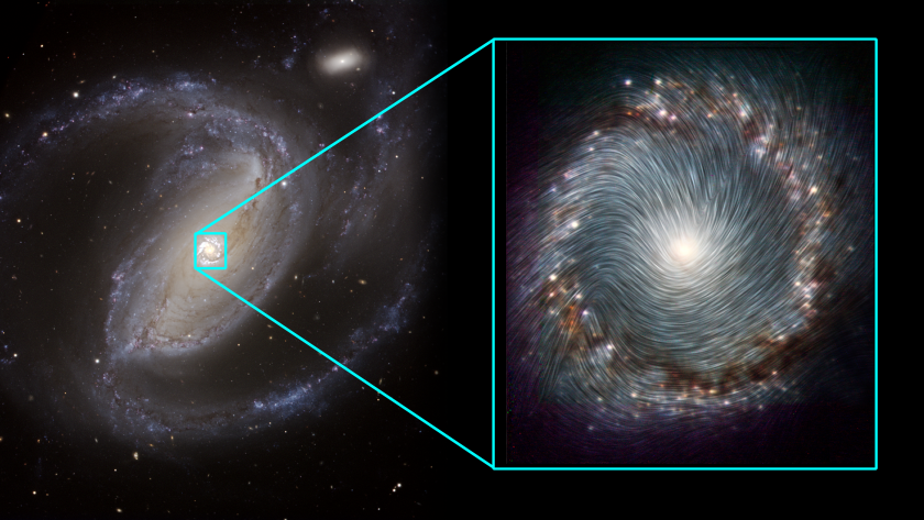 Image showing NGC 1097 with inset of the starburst ring in the center with magnetic streamlines