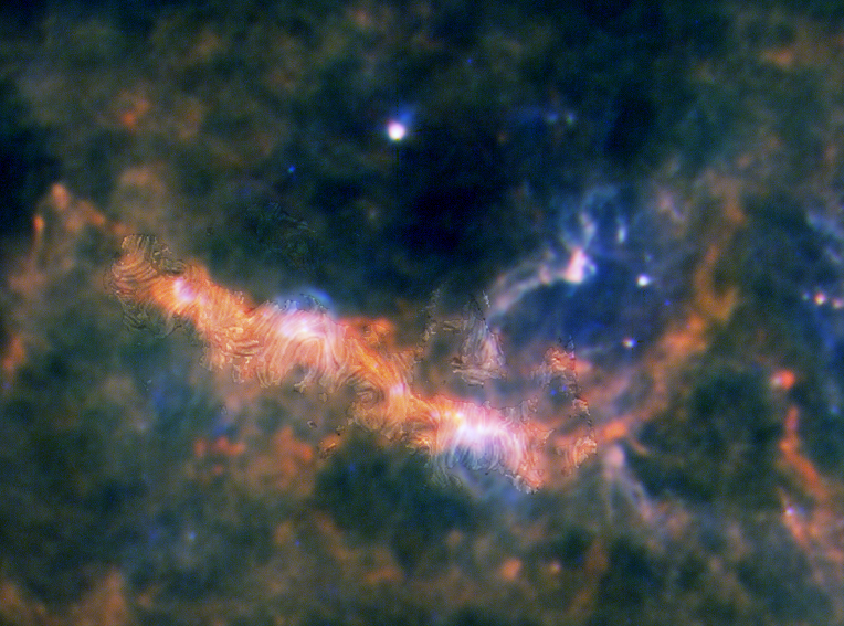 A long horizontal narrow orange cloud on a background of soupy brown and gray clouds. Magnetic field streamlines are laid over the orange cloud like stripes on a tiger's back.