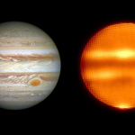 Two images of Jupiter side by side. On the left is Jupiter with its red spot and swirling brown, beige, and white cloud bands. On the right is Jupiter in the same position but with only a few bands showing yellow and dark orange against an orange background, with no red spot visible.