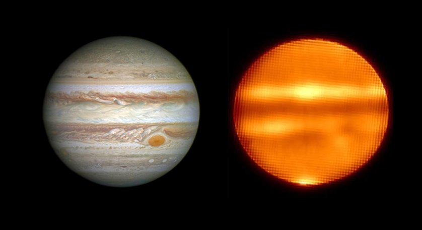 Two images of Jupiter side by side. On the left is Jupiter with its red spot and swirling brown, beige, and white cloud bands. On the right is Jupiter in the same position but with only a few bands showing yellow and dark orange against an orange background, with no red spot visible.