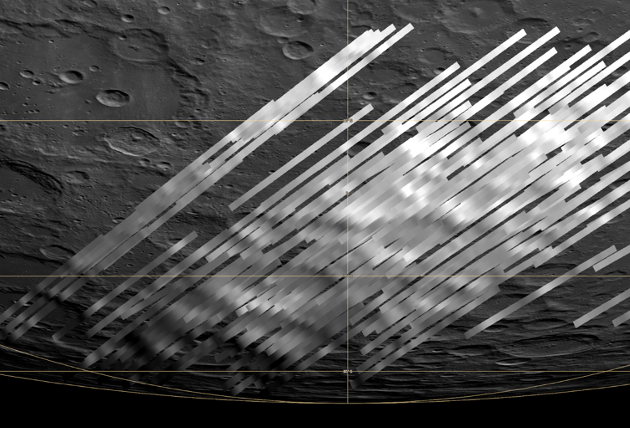 The image shows flux data obtained by SOFIA’s FORCAST instrument overlaid on an orthographic projection of the Moon