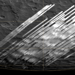 The image shows flux data obtained by SOFIA’s FORCAST instrument overlaid on an orthographic projection of the Moon