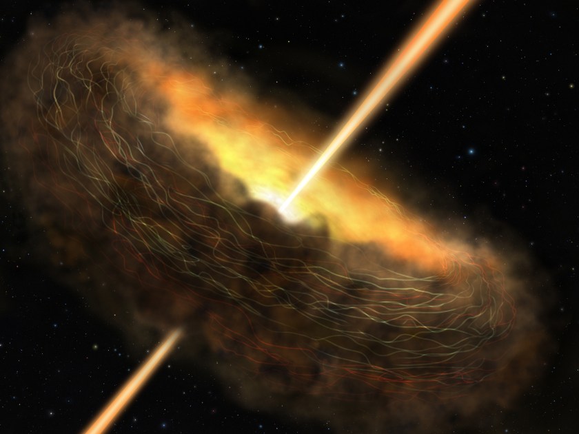 Artist’s conception of Cygnus A, surrounded by the torus of dust and debris with jets launching from its center