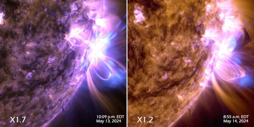 On the left, a portion of a purple Sun, with a bright flash of white-blue material against a black background. On the right, a dark golden Sun, with a bright pink flash against a black background.