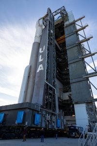 The United Launch Alliance Atlas V rocket with the Solar Orbiter spacecraft departs the Vertical Integration Facility for the launch pad at Space Launch Complex 41 on Cape Canaveral Air Force Station in Florida on Feb. 8, 2020.