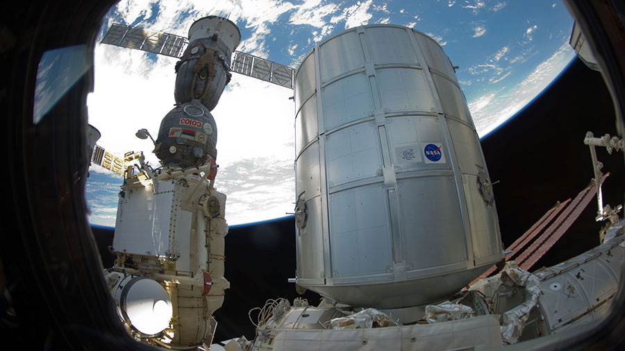 The Permanent Multipurpose Module and a docked Soyuz spacecraft