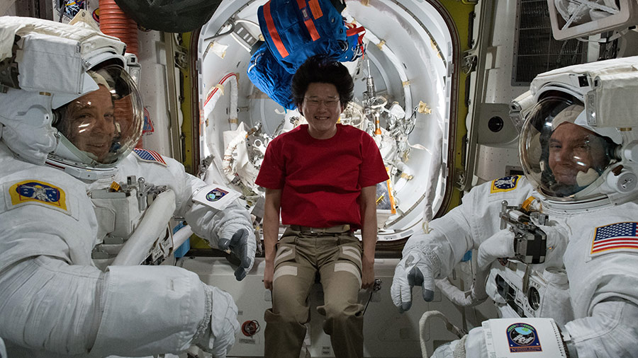 astronauts Ricky Arnold, Drew Feustel and Norishige Kanai