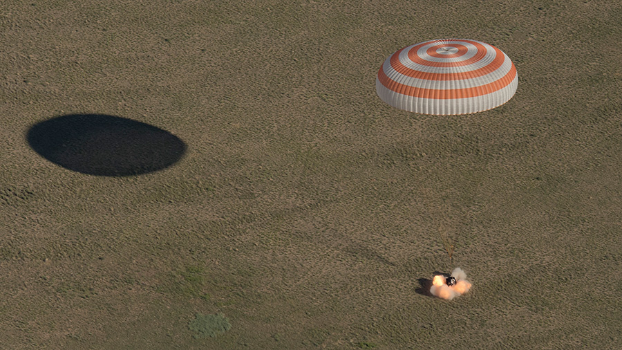 The Soyuz MS-07 spacecraft is seen as it lands