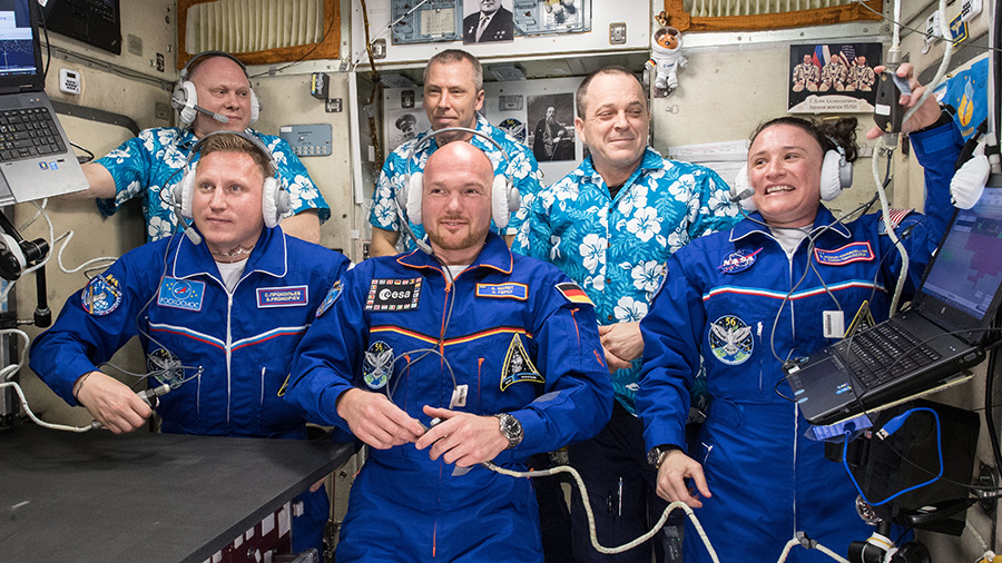 The newly-expanded six-member Expedition 56 crew