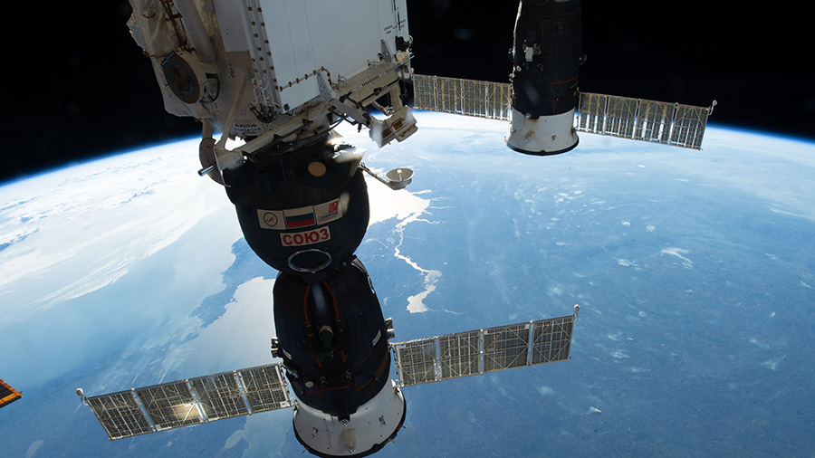 The Soyuz MS-09 crew ship (foreground) and the Progress 70 resupply ship