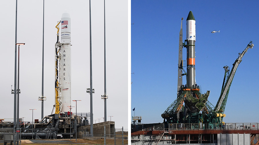 Two rockets stand at their launch pads on opposite sides of the world