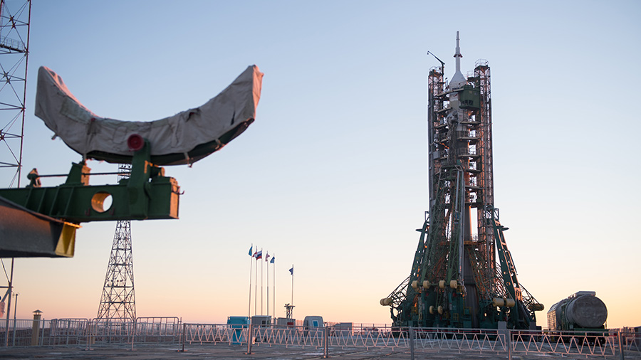 The Soyuz MS-11 spacecraft is seen on the launch pad