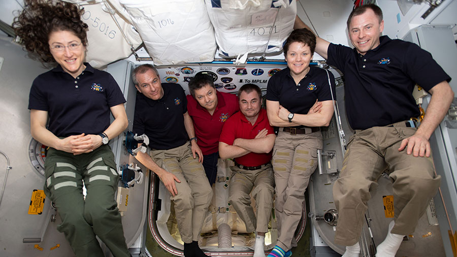 The six-member Expedition 59 crew