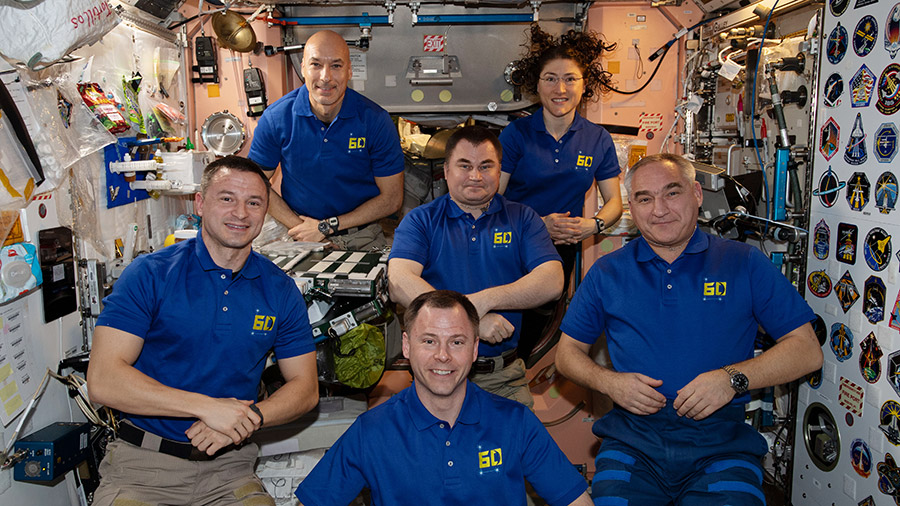 The six-member Expedition 60 crew from the United States, Russia and Italy