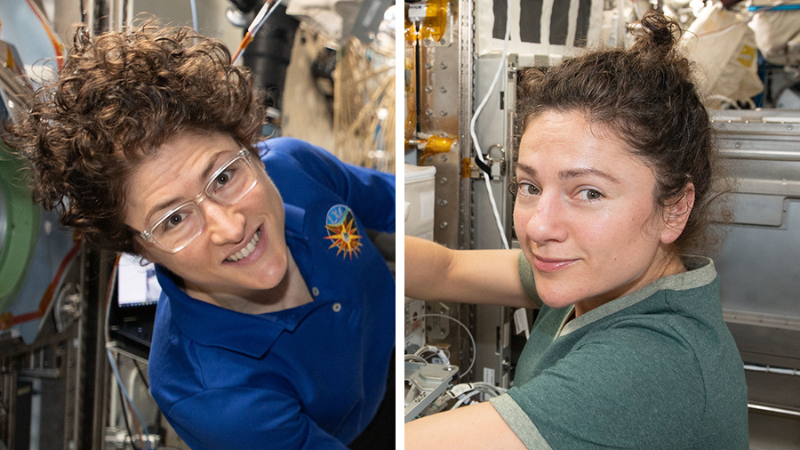 NASA astronauts Christina Koch (left) and Jessica Meir work on science hardware aboard the International Space Station.