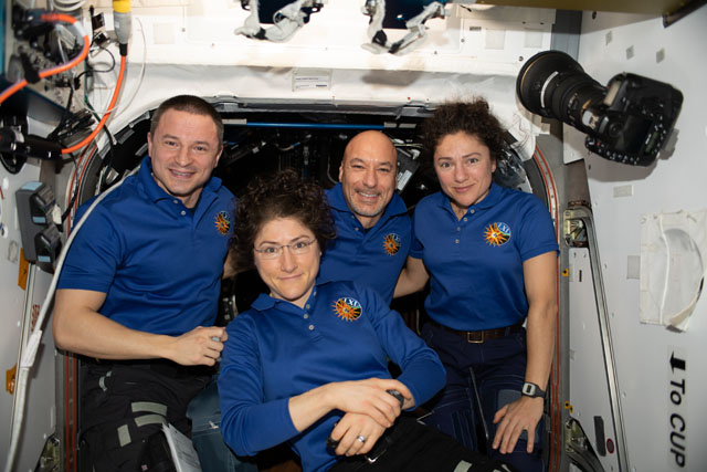 Expedition 61 Flight Engineers Andrew Morgan and Christina Koch of NASA, ESA (European Space Agency) Commander Luca Parmitano and NASA Flight Engineer Jessica Meir pose for a portrait in the entryway into the cupola. Image Credit: NASA