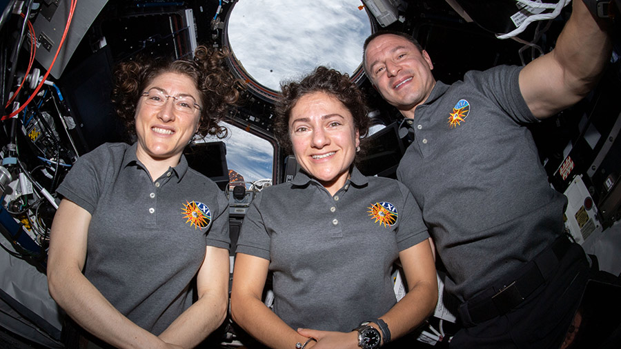 Astronauts (from left) Christina Koch, Jessica Meir and Andrew Morgan