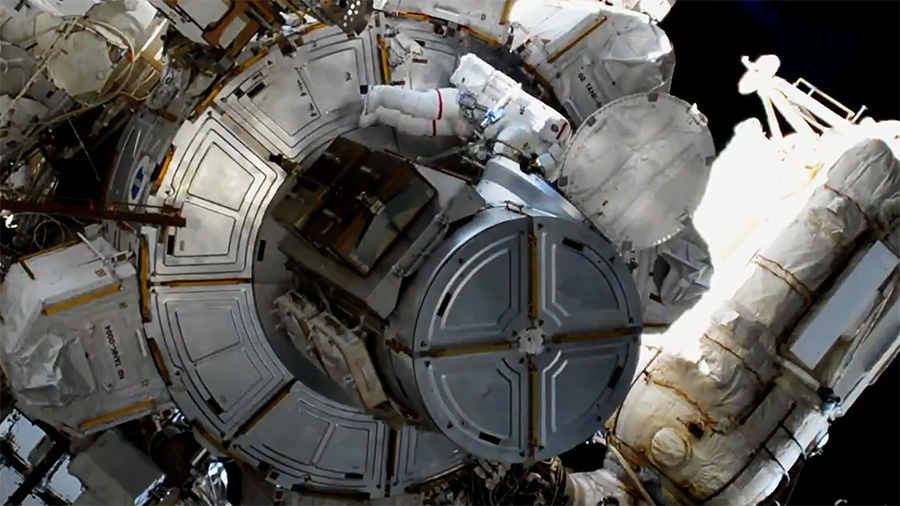 NASA astronaut Jessica Meir enters the Quest airlock