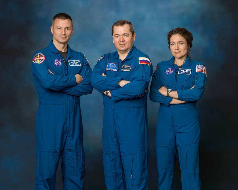 Expedition 62 crew portrait with NASA astronaut Andrew Morgan, Roscosmos cosmonaut Oleg Skripochka and NASA astronaut Jessica Meir. Image Credit: NASA