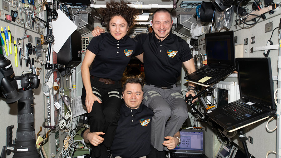 Expedition 62 crewmates Oleg Skripochka, Jessica Meir and Andrew Morgan