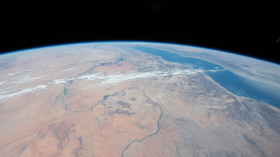 The Nile River winding northward next to the Red Sea