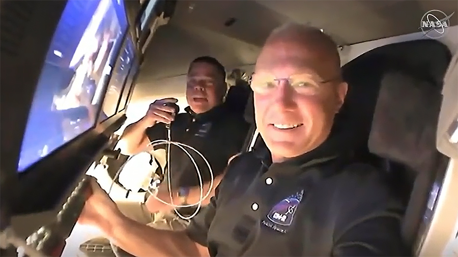 NASA astronauts Doug Hurley (foreground) and Bob Behnken