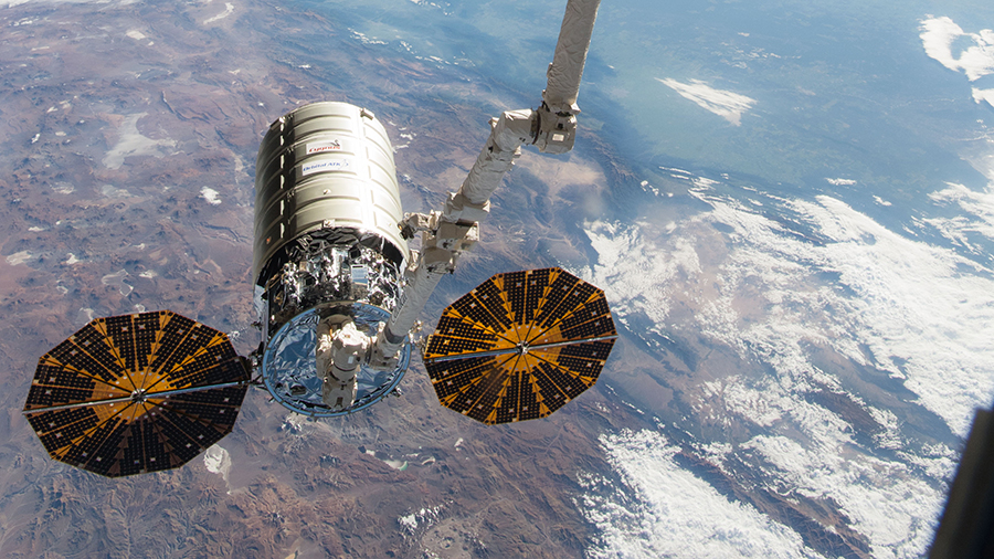 The Cygnus cargo craft is pictured before its release during Expedition 46 on Feb. 19, 2016.