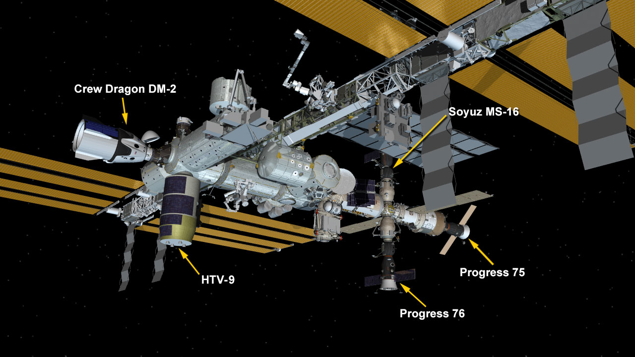 July 23, 2020: International Space Station Configuration. Five spaceships are attached to the space station including the SpaceX Crew Dragon, the HTV-9 resupply ship from JAXA (Japan Aerospace Exploration Agency) and Russia's Progress 75 and 76 resupply ships and Soyuz MS-16 crew ship.