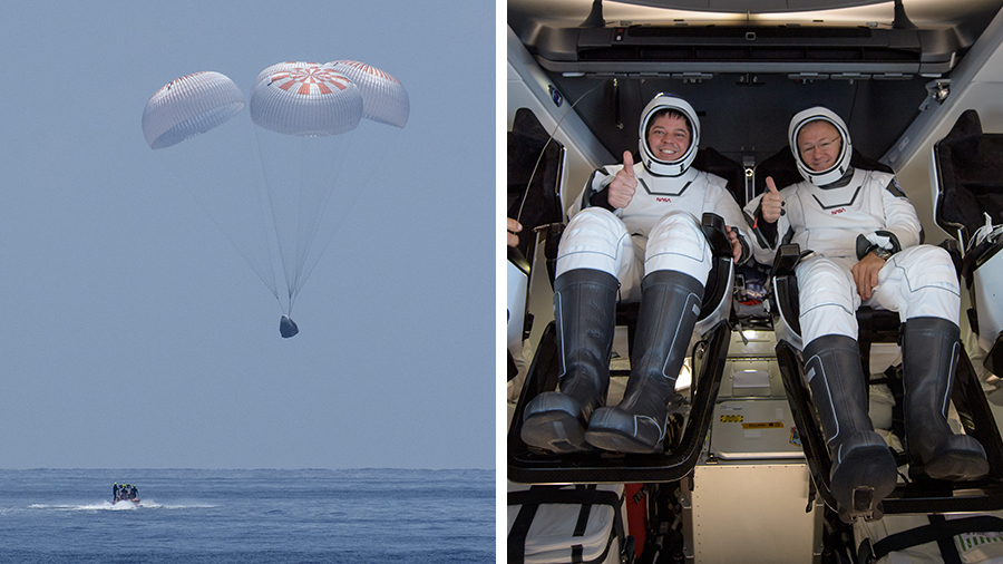 The SpaceX Crew Dragon spacecraft with astronauts Bob Behnken and Doug Hurley onboard splashed down in the Gulf of Mexico on Sunday, Aug. 2, 2020. Credit: NASA/Bill Ingalls