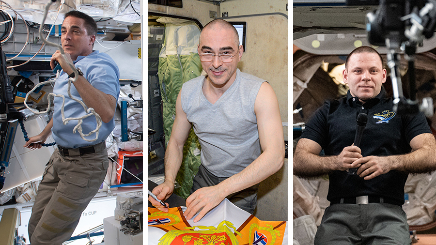 (From left) Expedition 63 Commander Chris Cassidy of NASA with Roscosmos Flight Engineers Anatoly Ivanishin and Ivan Vagner are pictured during various station activities.