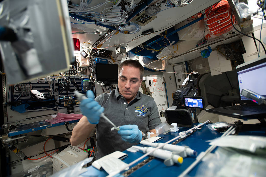 Expedition 63 Commander Chris Cassidy servicing microbial DNA samples for sequencing and identification aboard the International Space Station. Credits: NASA