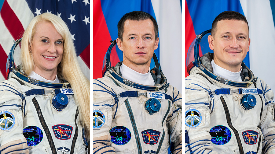 (From left) NASA astronaut Kate Rubins with Roscosmos cosmonauts Sergey Ryzhikov and Sergey Kud-Sverchkov will launch to the space station for a six-month research mission.