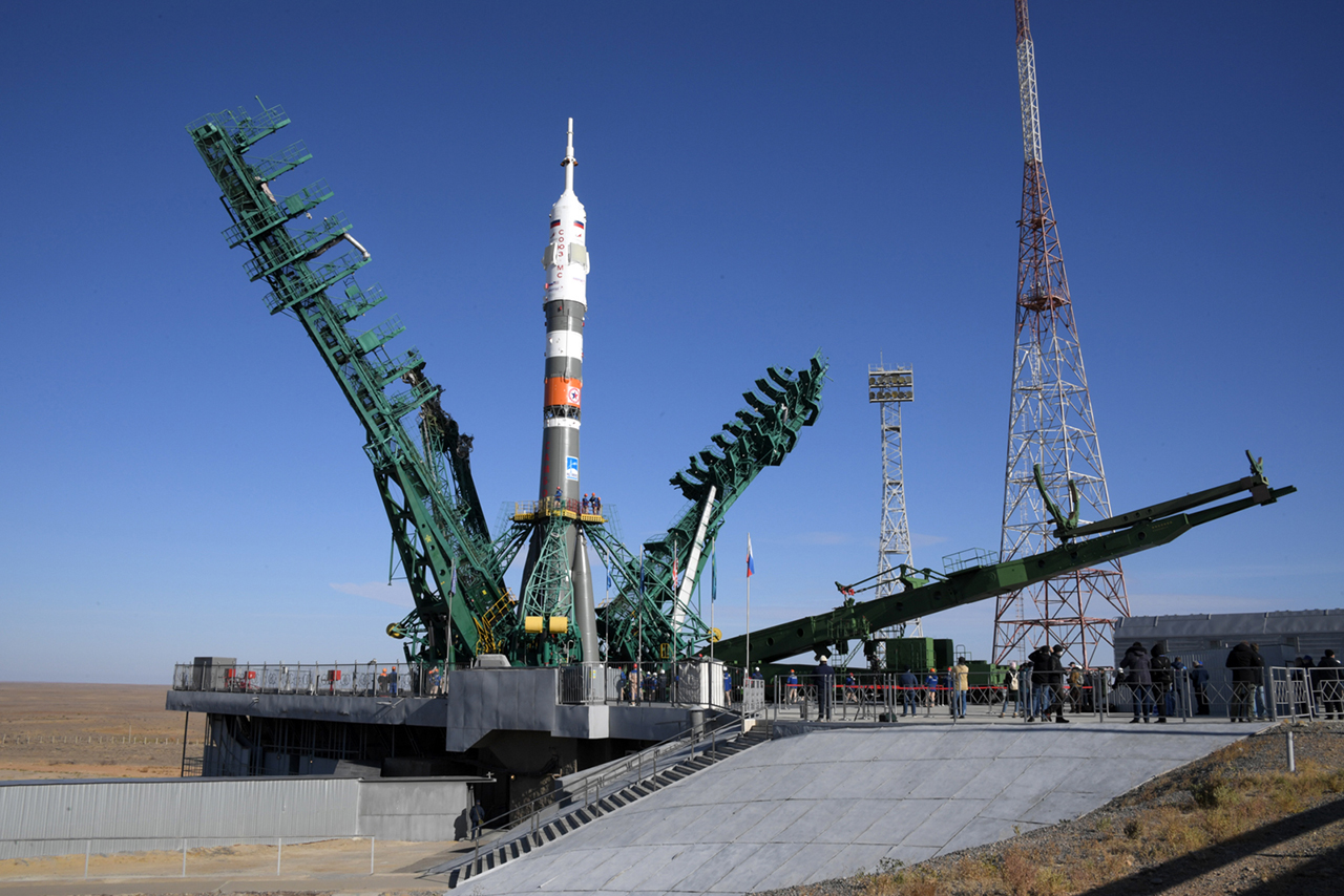 The Soyuz rocket that will launch three Expedition 64 crewmates to the station on Wednesday stands its launch pad at the Baikonur Cosmodrome in Kazakhstan. Credit: Roscosmos