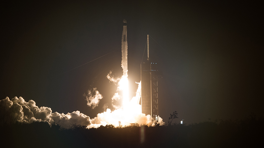 The SpaceX Falcon 9 rocket lifts off with four Commercial Crew astronauts inside the Crew Dragon vehicle from Kennedy Space Center in Florida.