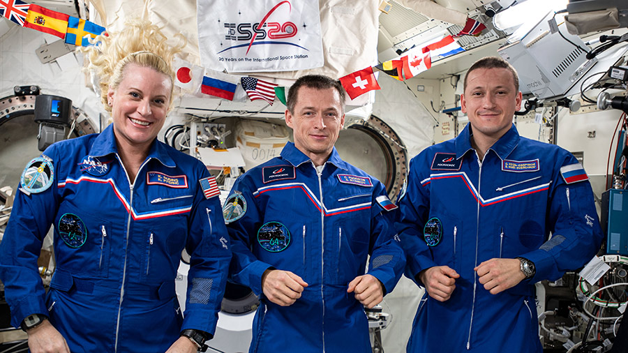 The three-member Expedition 64 crew with (from left) Flight Engineer Kate Rubins of NASA, Commander Sergey Ryzhikov of Roscosmos and Flight Engineer Sergey Kud-Sverchkov of Roscosmos.