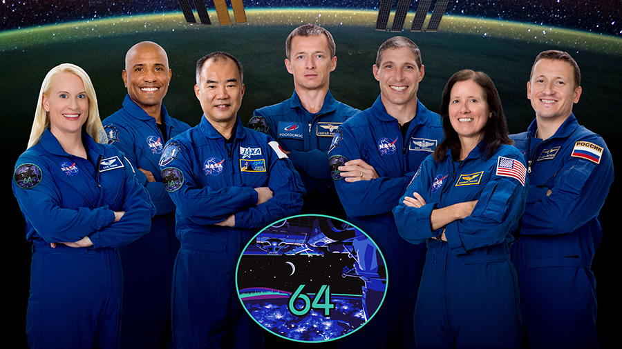 The expanded seven-member Expedition 64 crew with Flight Engineers Kate Rubins, Victor Glover and Soichi Noguchi, Commander Sergey Ryzhikov and Flight Engineers Michael Hopkins, Shannon Walker and Sergey Kud-Sverchkov.