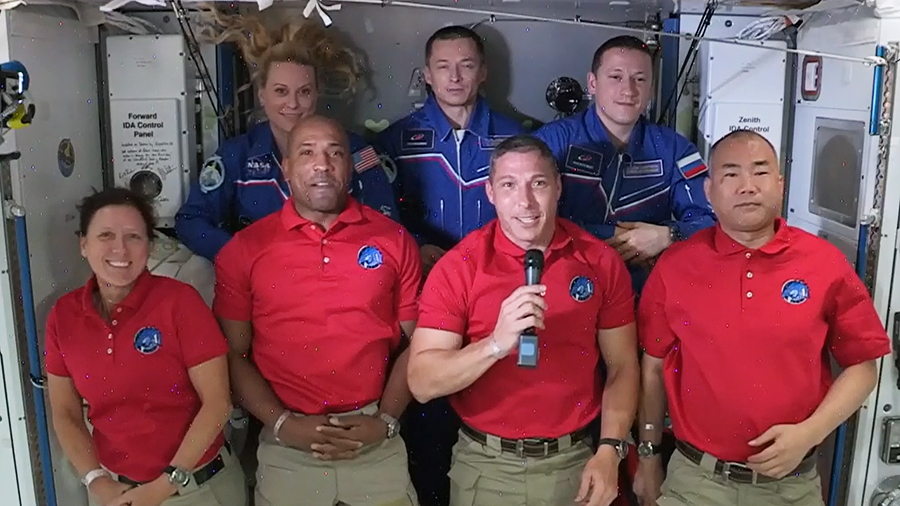 The four Commercial Crew astronauts (front row from left) Shannon Walker, Victor Glover, Michael Hopkins and Soichi Noguchi are welcomed aboard the station. In the back row from left are, NASA astronaut Kate Rubins and cosmonauts Sergey Ryzhikov and Sergey Kud-Sverchkov.