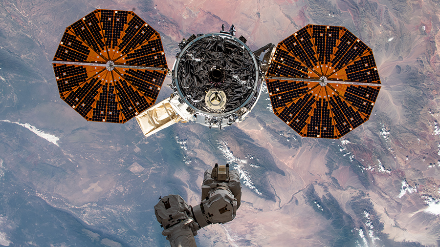 The Cygnus space freighter is pictured moments after being released from the Canadarm2 robotic arm on Jan. 31, 2020.