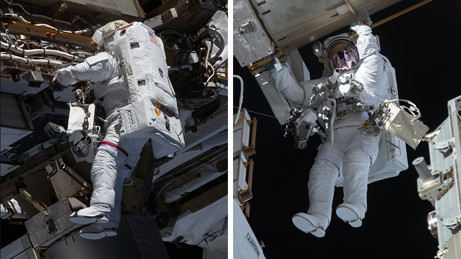 NASA astronauts Michael Hopkins and Victor Glover are pictured during a spacewalk on Jan. 27, 2021, for antenna work and future solar array upgrades.