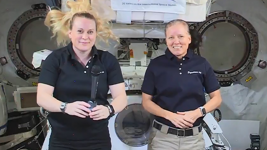 Expedition 64 Flight Engineers (from left) Kate Rubins and Shannon Walker called down to the Centers for Disease Control and talked about science on the space station. Credit: NASA TV