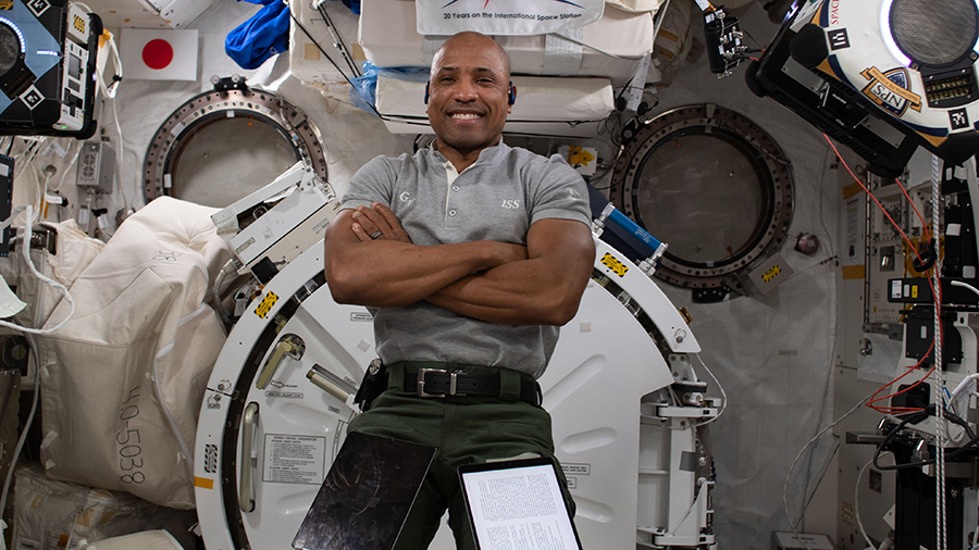 Expedition 64 Flight Engineer Victor Glover of NASA poses for a portrait inside the International Space Station's Kibo laboratory module.