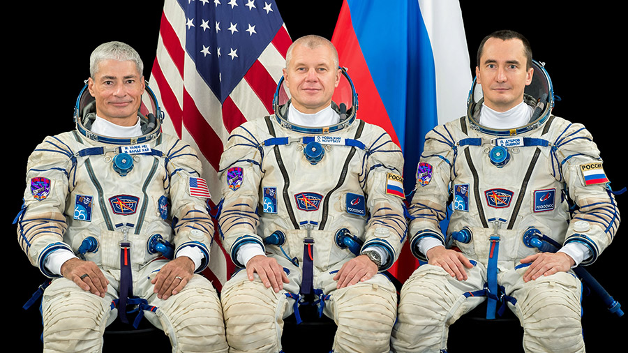 Expedition 65 crew members (from left) Mark Vande Hei, Oleg Novitskiy and Pyotr Dubrov pose for a portrait at the Gagarin Cosmonaut Training Center in Russia.