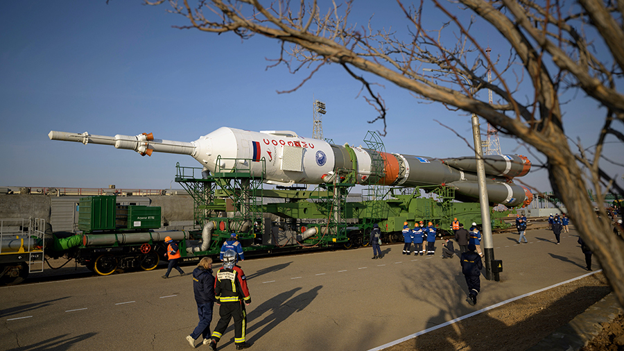 The Soyuz MS-18 rocket, that will launch the Expedition 65 crew to the space station on April 9, is rolled out to the launch pad in Kazakhstan. Credit: NASA/Bill Ingalls