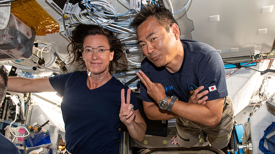 SpaceX Crew-2 Mission Specialists and Expedition 65 Flight Engineers Megan McArthur and Akihiko Hoshide pose for a portrait together.