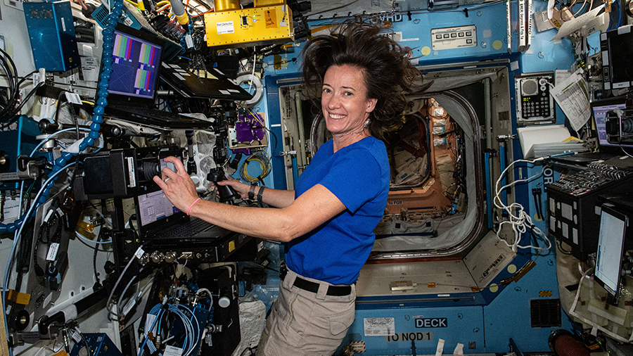 NASA astronaut Megan McArthur is at the robotics workstation participating in Canadarm2 robotic arm training.