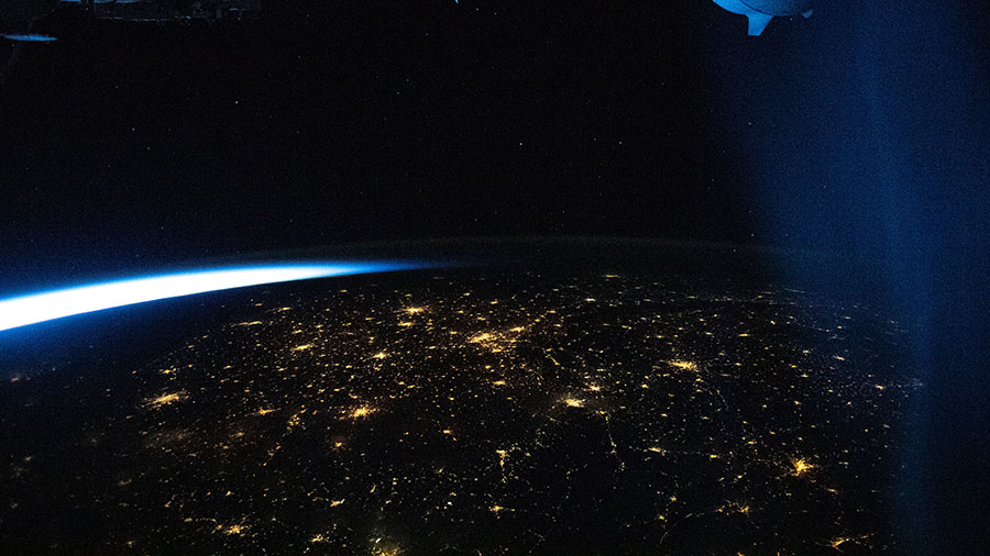 An orbital twilight fades over the city lights of Europe as the space station soared above southern France.