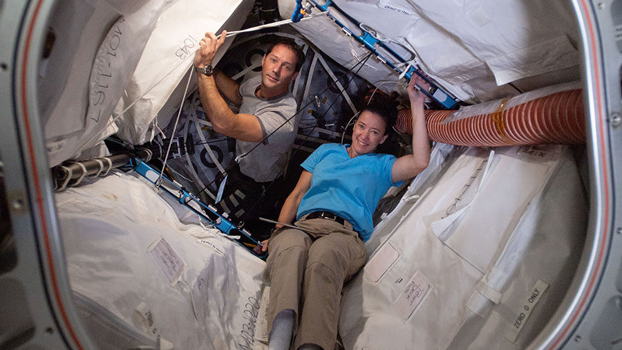 Astronauts Thomas Pesquet and Megan McArthur are pictured inside BEAM, the Bigelow Expandable Activity Module.